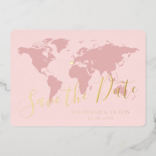 Gold Foil Pink World Map Destination Save the Date Foil Invitation