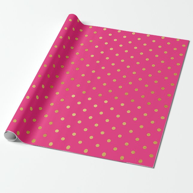 Gold Foil Polka Dots Modern Hot Pink Metallic Wrapping Paper (Unrolled)