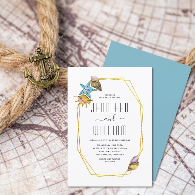 Gold foil polygon and seashells beach wedding invitation (Creator Uploaded)