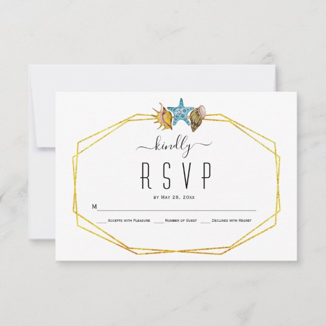 Gold foil polygon and seashells beach wedding RSVP (Front)