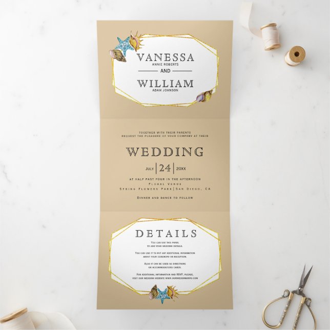 Gold foil polygon seashells sand beach wedding Tri-Fold invitation (Inside)