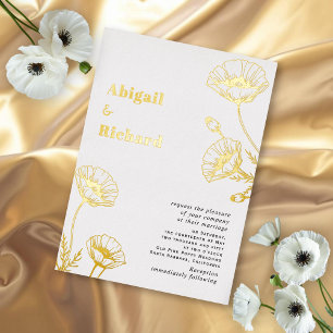 Gold foil poppies wildflowers floral wedding invitation