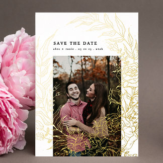 Gold Foil Pressed Flower Wreath Save The Date Invitation