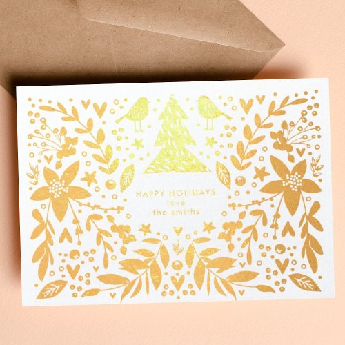 Gold Foil Pretty Birds and Flowers Christmas Card