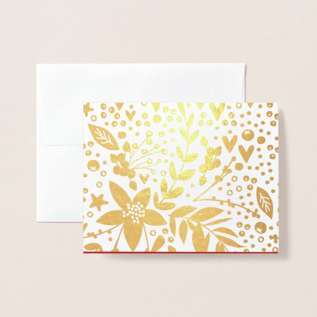 Gold Foil Pretty Festive Flowers Christmas Card (Front With Envelope)