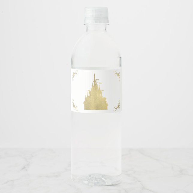 Gold  Foil Princess Flag Castle Storybook Party Water Bottle Label (Front)