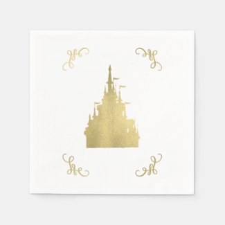 Gold Foil Princess Flag Castle Storybook Wedding Napkins