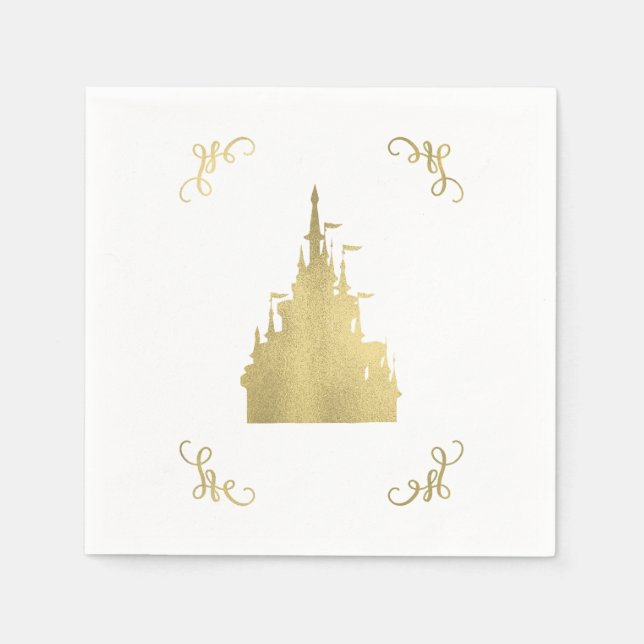 Gold Foil Princess Flag Castle Storybook Wedding Napkins (Front)