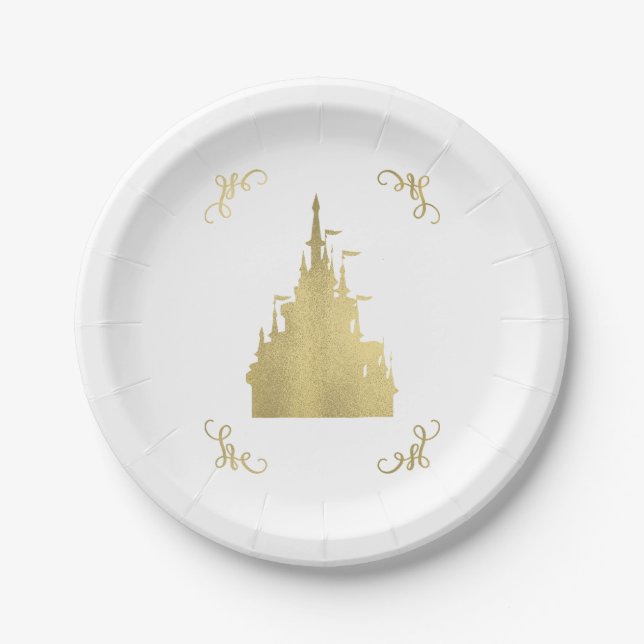 Gold Foil Princess Flag Castle Storybook Wedding Paper Plates (Front)