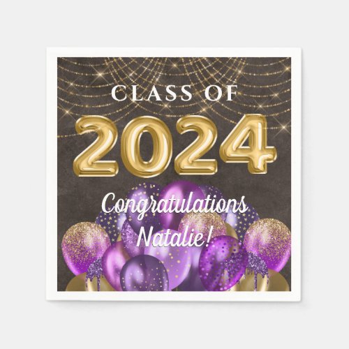 Gold Foil Purple Balloons Class of 2024 Graduation Napkins
