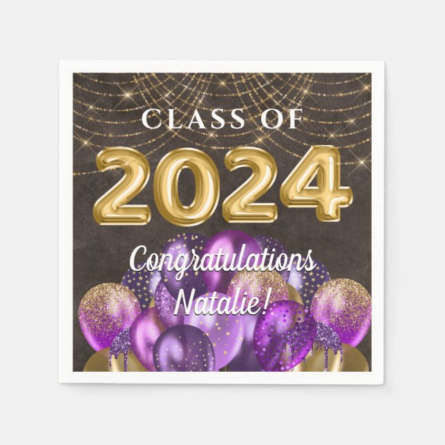 Gold Foil Purple Balloons Class of 2024 Graduation Napkins (Front)
