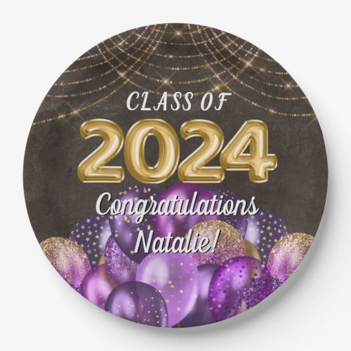 Gold Foil Purple Balloons Class of 2024 Graduation Paper Plates