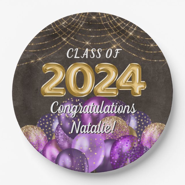 Gold Foil Purple Balloons Class of 2024 Graduation Paper Plates (Front)