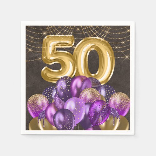 Gold Foil Purple Balloons Fifty 50th Birthday Napkins