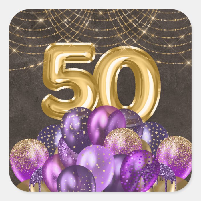 Gold Foil Purple Balloons Fifty 50th Birthday Square Sticker