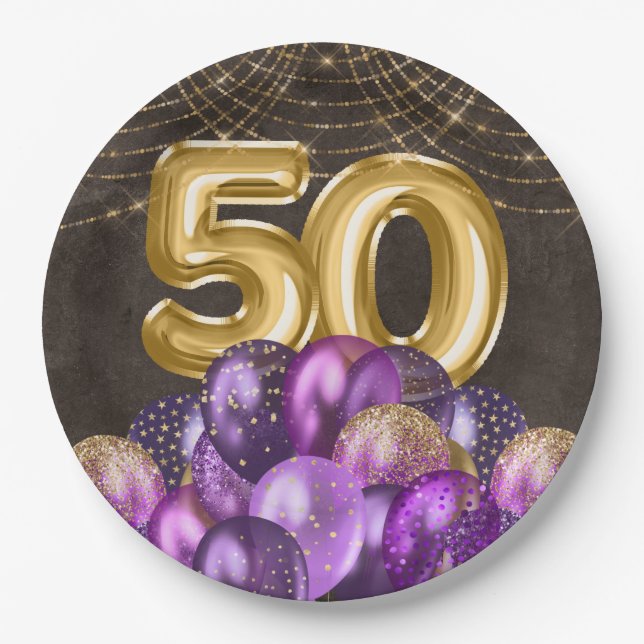 Gold Foil Purple Balloons Fify 50th Birthday Paper Plates (Front)