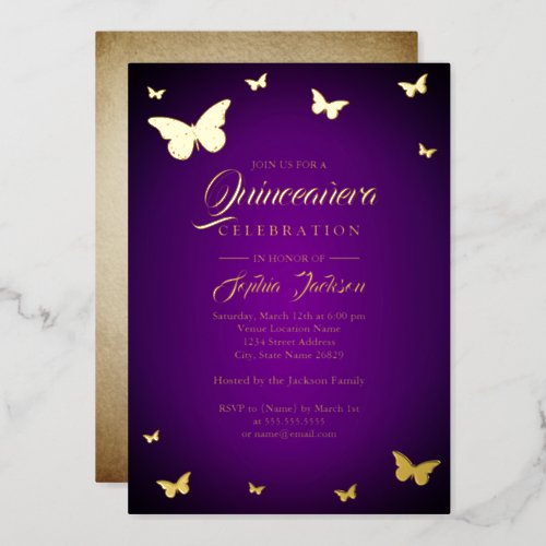 GOLD FOIL Purple Butterfly Quinceanera Foil Invitation