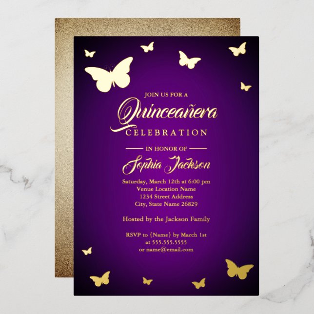 GOLD FOIL Purple Butterfly Quinceanera Foil Invitation (Front/Back)