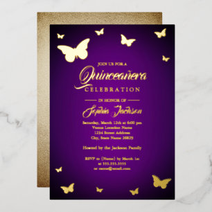 GOLD FOIL Purple Butterfly Quinceanera Invitation