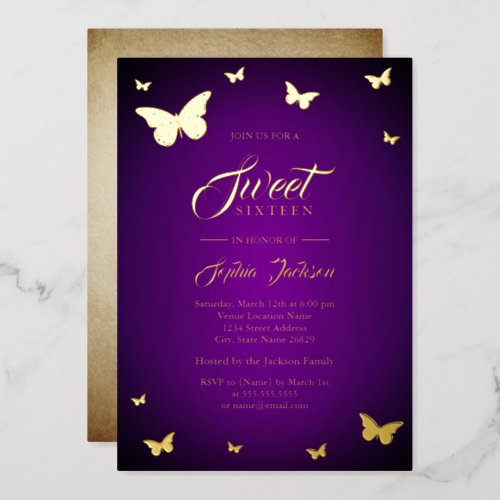 GOLD FOIL Purple Butterfly Sweet 16 Golden Foil Invitation