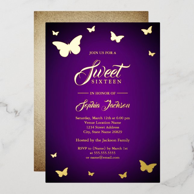 GOLD FOIL Purple Butterfly Sweet 16 Golden Foil Invitation (Front/Back)