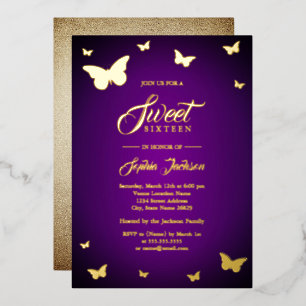 GOLD FOIL Purple Butterfly Sweet 16 Golden Invitation