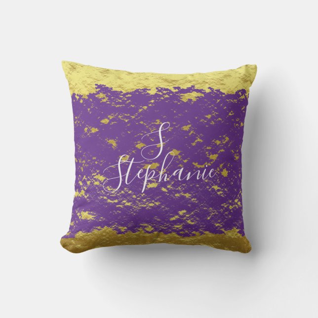 Gold Foil Purple Glittery Sparkle Monogram Initial Outdoor Pillow (Front)