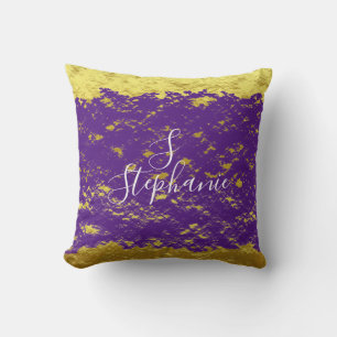 Gold Foil Purple Glittery Sparkle Monogram Initial Throw Pillow