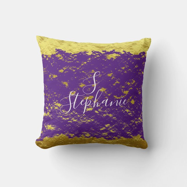 Gold Foil Purple Glittery Sparkle Monogram Initial Throw Pillow (Front)