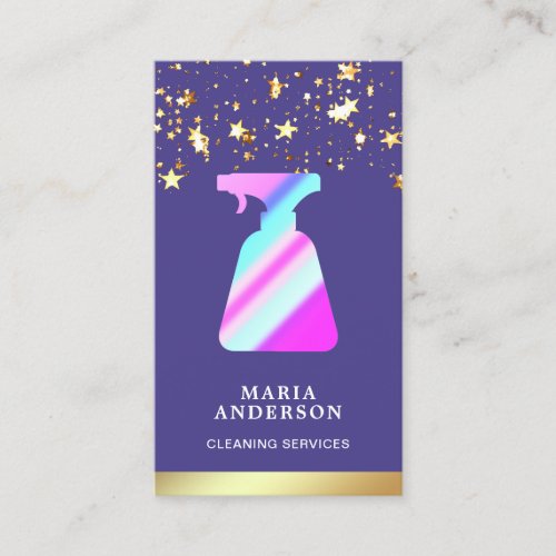 Gold Foil Purple Spray Bottle Cleaning Services Business Card