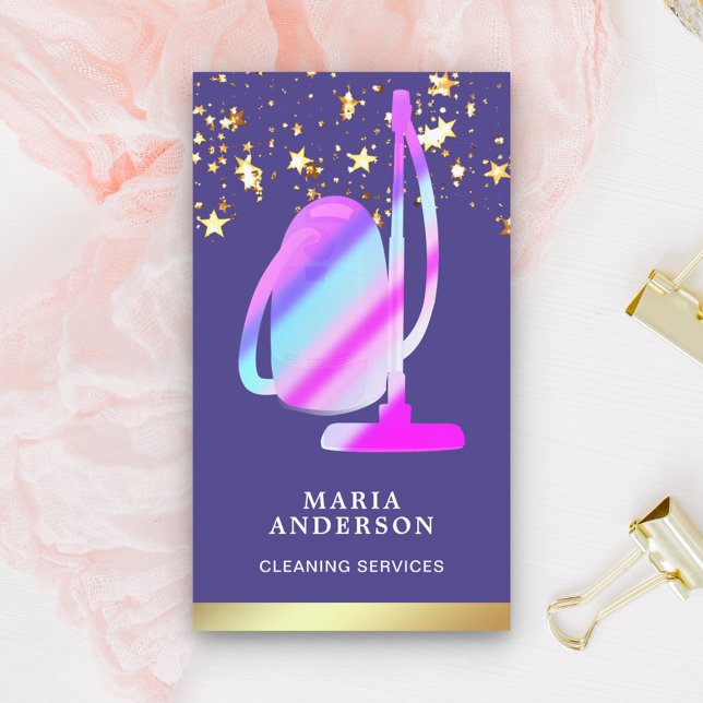 Gold Foil Purple Vacuum Cleaner Cleaning Services Business Card (Creator Uploaded)