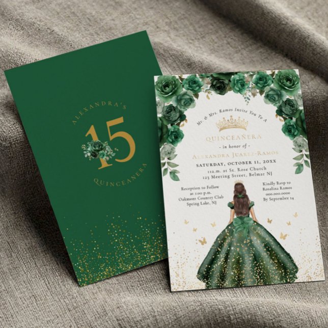 Gold Foil Quinceañera Emerald Green Floral Foil Invitation (Creator Uploaded)