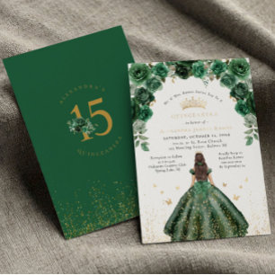 Gold Foil Quinceañera Emerald Green Floral Invitation