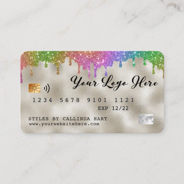 Gold Foil Rainbow Glitter Drip Loyalty VIP Credit Business Card (Front)