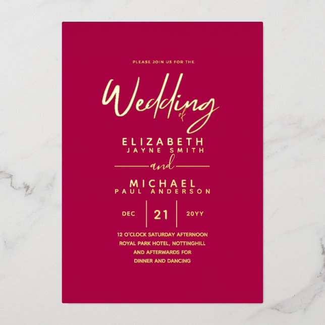 GOLD FOIL Raspberry Jam Modern All-in-1 Wedding Foil Invitation (Front)