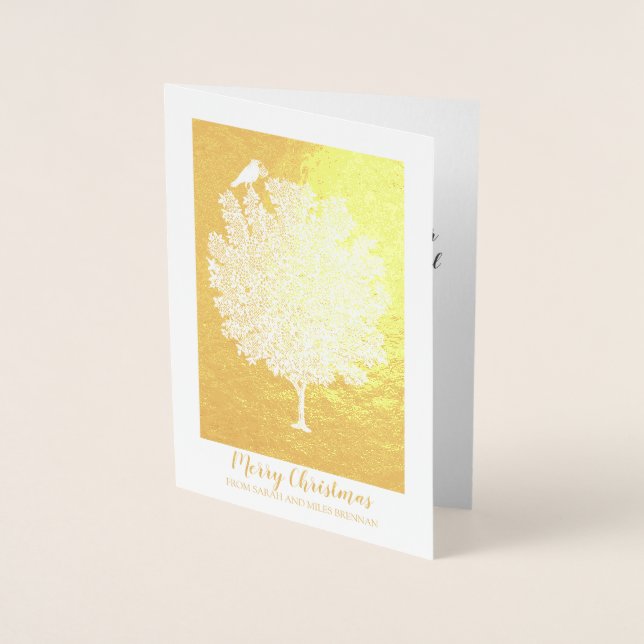 Gold Foil Raven Decorates Christmas Tree Foil Card (Front)