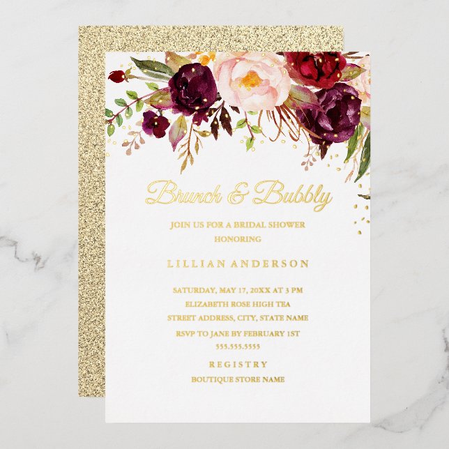 GOLD FOIL Red Burgundy Floral Brunch And Bubbly Foil Invitation (Front/Back)