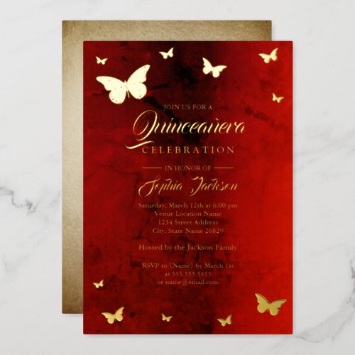 GOLD FOIL Red Butterfly Quinceanera Foil Invitation