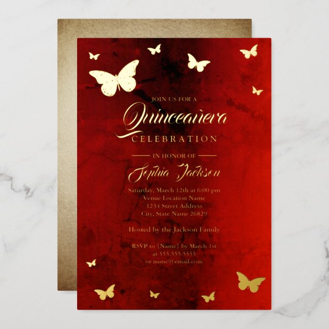 GOLD FOIL Red Butterfly Quinceanera Foil Invitation (Front/Back)