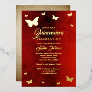 GOLD FOIL Red Butterfly Quinceanera Invitation