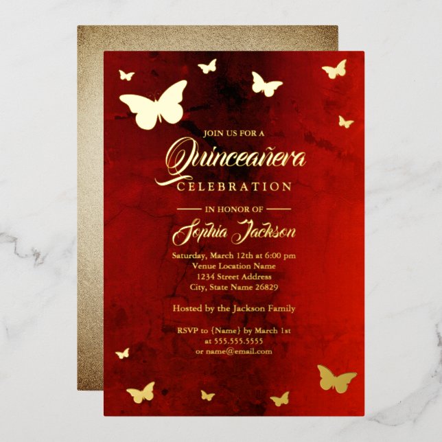 GOLD FOIL Red Butterfly Quinceanera Invitation (Front/Back)