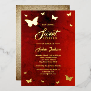GOLD FOIL Red Butterfly Sweet 16 Party Invitation