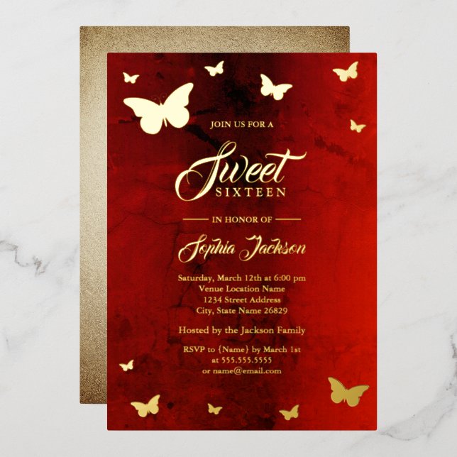 GOLD FOIL Red Butterfly Sweet 16 Party Invitation (Front/Back)