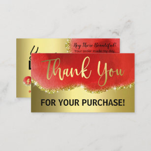 Gold Foil Red Glitter Agate Thank You Order Business Card