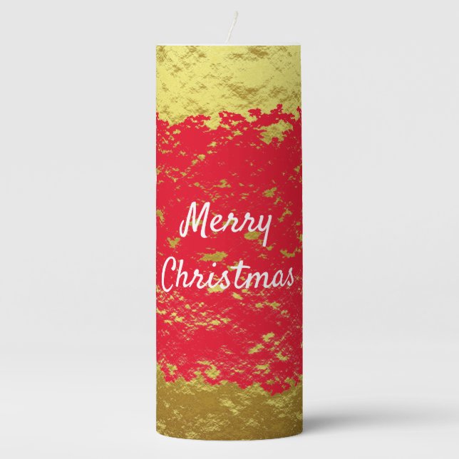Gold Foil Red Glittery Merry Christmas Decorative Pillar Candle (Front)