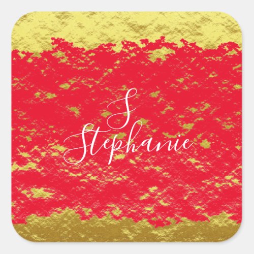 Gold Foil Red Glittery Sparkles Monogram Initials Square Sticker