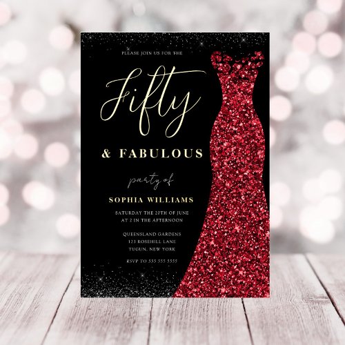 Gold Foil Red Gown Fifty  Fabulous 50th Birthday Foil Invitation