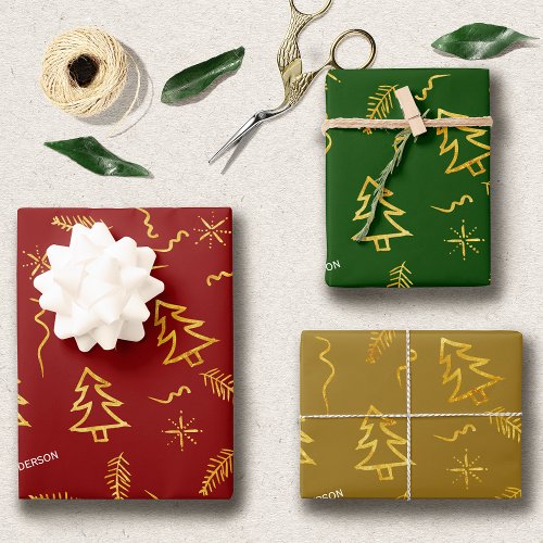 Gold Foil Red Green Christmas Tree Pattern Holiday Wrapping Paper Sheets