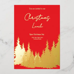 Gold Foil Red Pine Tree Christmas Lunch Foil Invitation