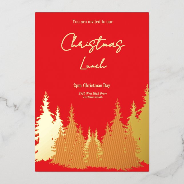 Gold Foil Red Pine Tree Christmas Lunch Foil Invitation (Front)